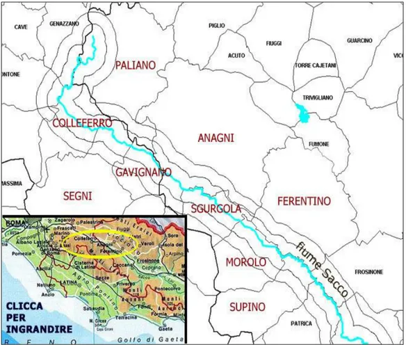 Figura  7:  mappa  relativa  all’area  della  Valle  del  fiume  Sacco  interessata  dalla  contaminazione  da  isomeri dell’HCH 