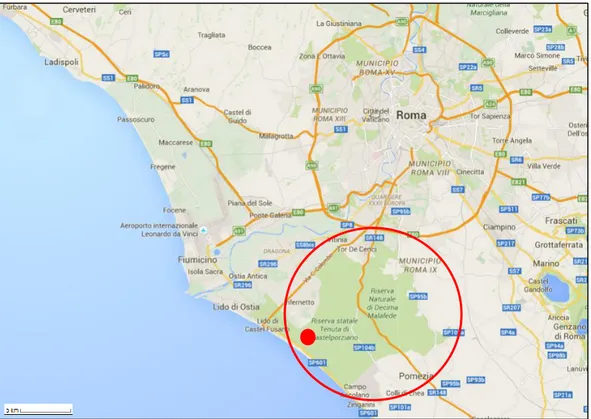 Figure 2.1  Study site location, the red line surrounds the Castelporziano estate, the red  dot indicates where the study forest is located