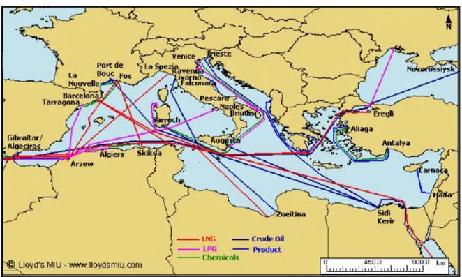 Fig. 3 -  Le principali rotte per il trasporto di greggio nel Mediterraneo (www.lloydsmiu.com, Lloyd’s  MIU), che originano nei terminal collegati ai depositi petroliferi dei principali paesi produttori (ad  esempio Zueitina in Libia o Novorossiysk in Russ