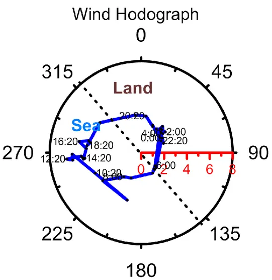 Figura 3.9: Odografo, i label indicano l'ora riferita ai parametri anemometrici, le velocità sono espresse in m/s.