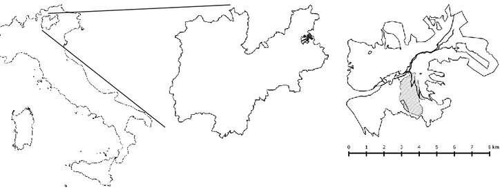 Figure 2.1 - The location of study area with respect to Paneveggio forest (right side), Trento province  (center) and to Italy (left side) 