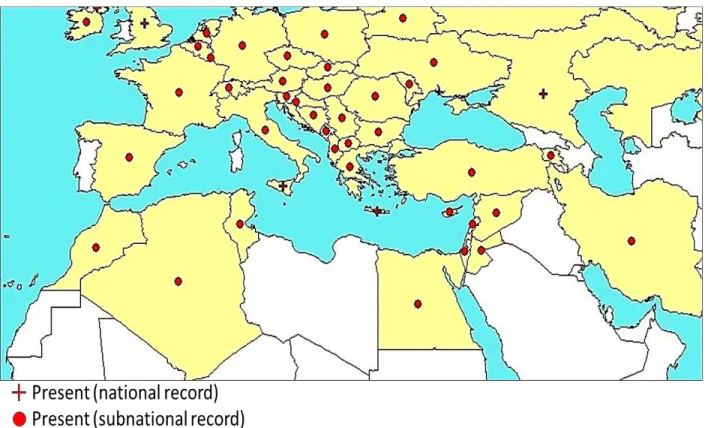 Figure  2  The  distribution  of  fire  blight  disease  in  Europe,  the  Middle  East,  and  North  Africa 