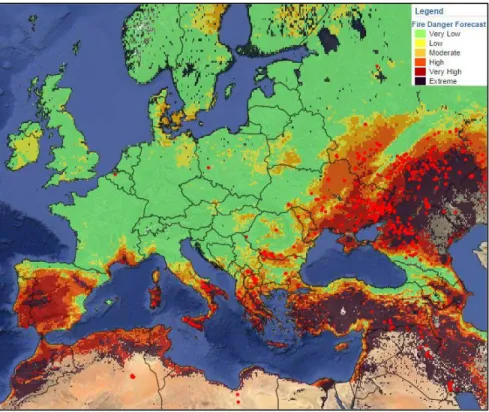 Fig 10 The map of forecasted fire danger level in Europe. Fire danger is mapped in 6 classes (very low,  low, medium, high, very high and extreme)