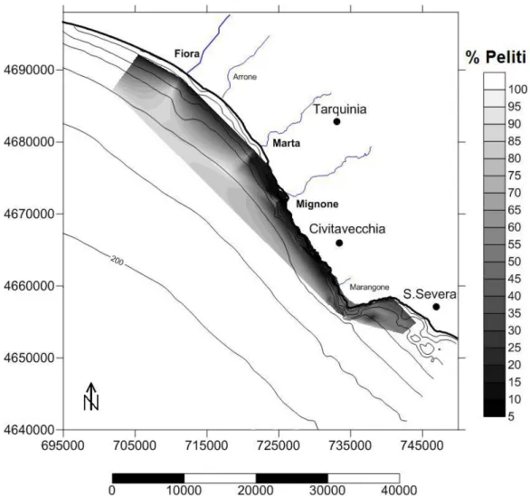 Figura 1-2. Distribuzione della frazione sedimentaria pelitica nell'area di studio