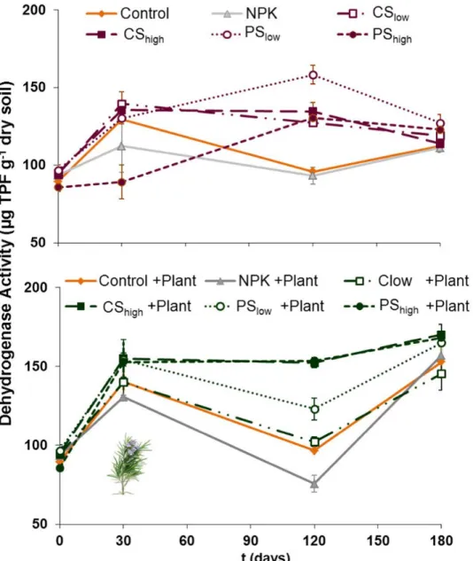 Figure 3.3  -  Microbial Dehydrogenase activity ( μg TPF g−1 dry soil) over time in the Control soil and in  soils treated with inorganic fertiliser (NPK), or cattle or pig anaerobic digestate derived compost at low  (CSlow, PSlow) or at high (CShigh, PShi