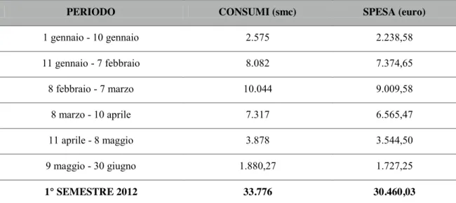 Tabella 59: Confronto tra consumi mensili e profili di utilizzo- anno 2012 (I semestre) 0 20 40 60 80 100 120 0 2000 4000 6000 8000 10000 12000 Presenze medie (numero occupanti)Consumi mensili (m3) Mesi 