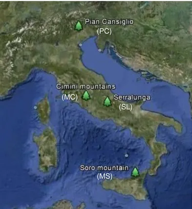 Fig. 3.1.1: Map showing the location of the 4 sites  sampled in this  study. Image created using Google Earth 2012 Tele 