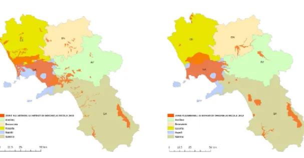 Figura 2-5: Zone vulnerabili ai nitrati di origine agricola in Campania (Assessorato agricoltura  Regione Campania – Settore SIRCA – 3 marzo 2013) 