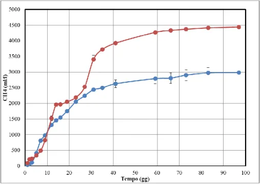 Tab. 26 Parametri di processo di produzione di metano dal liquame in presenza dell’inoculo F 210 