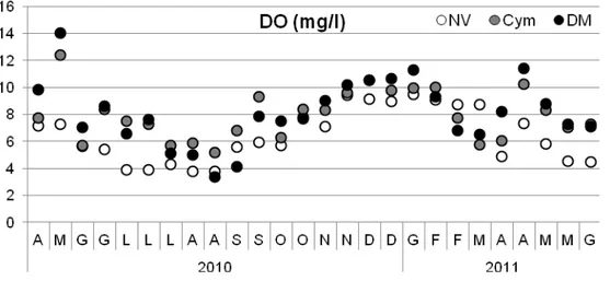Figura 4.5. Andamento quindicinale dell’ossigeno disciolto (mg/l) nelle tre aree monitorate (NV, Cym e DM)