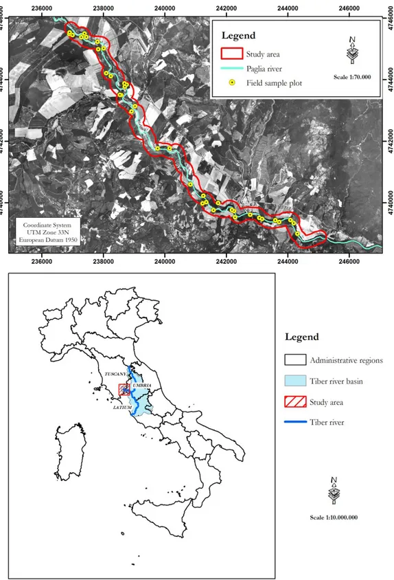 Figure 3.2 - In the upper picture, the 200 m-wide buffer of the Paglia river investigated tract (14.6 km length) is  shown with a black line; white dots show the location of field sample plots