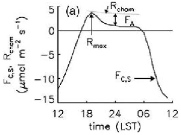 Figura 2.4: Andamento medio diurno della somma dei flussi turbolenti ver- ver-ticali e del termine tasso di scambio dello storage (F C,S ) e della Reco derivata