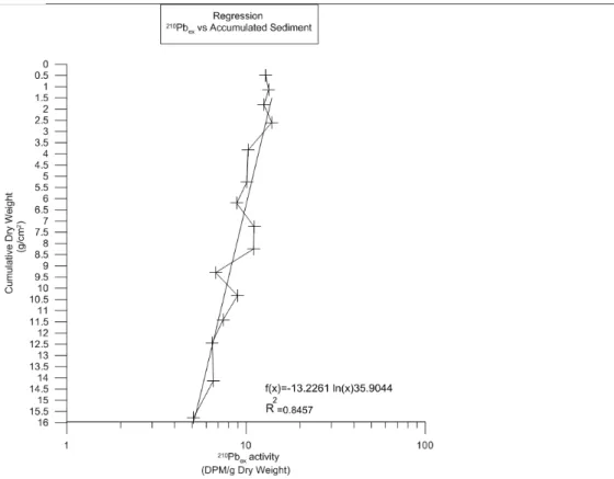 Fig. 23: Regressione tra l'attività del  210 Pbex e l'accumulo sedimentario espresso come pesi secchi cumulati in ogni 