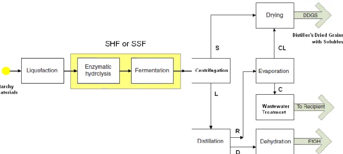 Figure 2.2 Typical flow-sheet of the first-generation bioethanol production from starchy materials