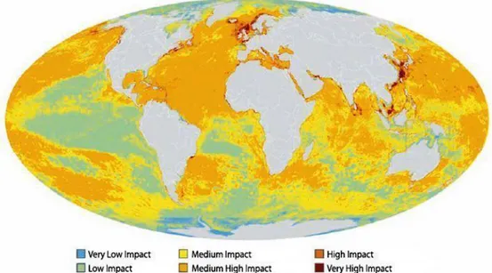 Fig. 1. Global map of cumulative human impact across on marine ecosystems (Halpern et al., 2008)