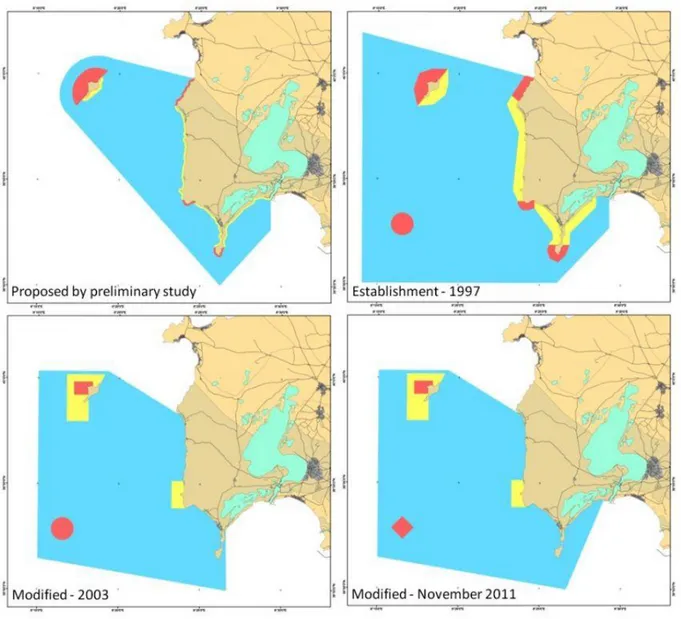 Fig. 7. Changes in size and zoning of Penisola del Sinis - Isola di Mal di Ventre MPA