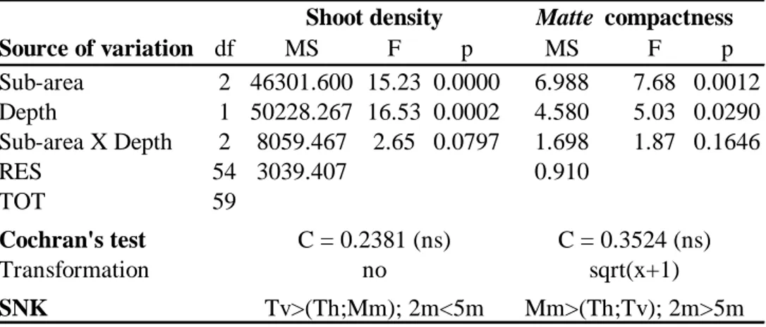 Table 1. Results of ANOVAs and SNK tests on shoot density and matte compactness. 