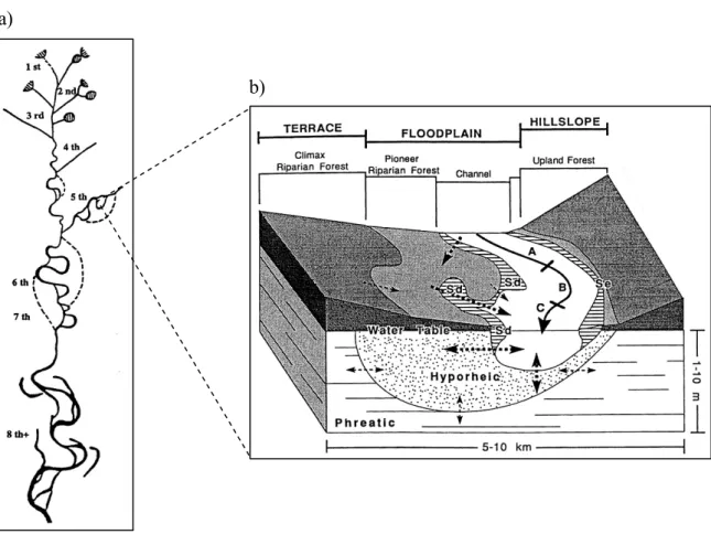 Figura 1.1 - a) Visione d’insieme di una generica rete idrografica. Sono rappresentati gli ordini dei corsi d’acqua  secondo la visione di Strahler (1963); b) Caratteristiche principali di un fiume d’alta quota di quinto ordine  (modificato da Stanford e W