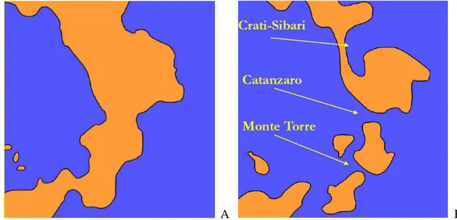 Figura  2. Evoluzione  paleogeografica  della  penisola  calabrese  nelle  fasi  glaciali  (A);  e  in  quelle interglaciali (B)