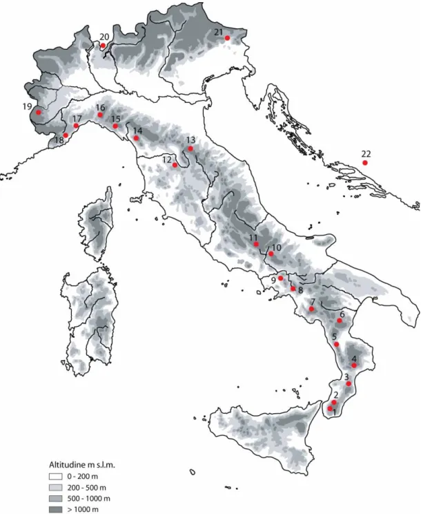 Figura 10. Localizzazione geografica dei siti di campionamento di S. salamandra (le località sono  numerate come in Tabella 1)