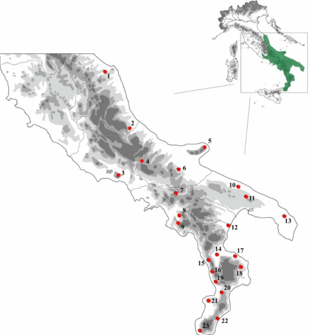 Figura  11.  Localizzazione  geografica  dei  siti  di  campionamento  di  L.  italicus    (le  località  sono  numerate come in Tabella 2)