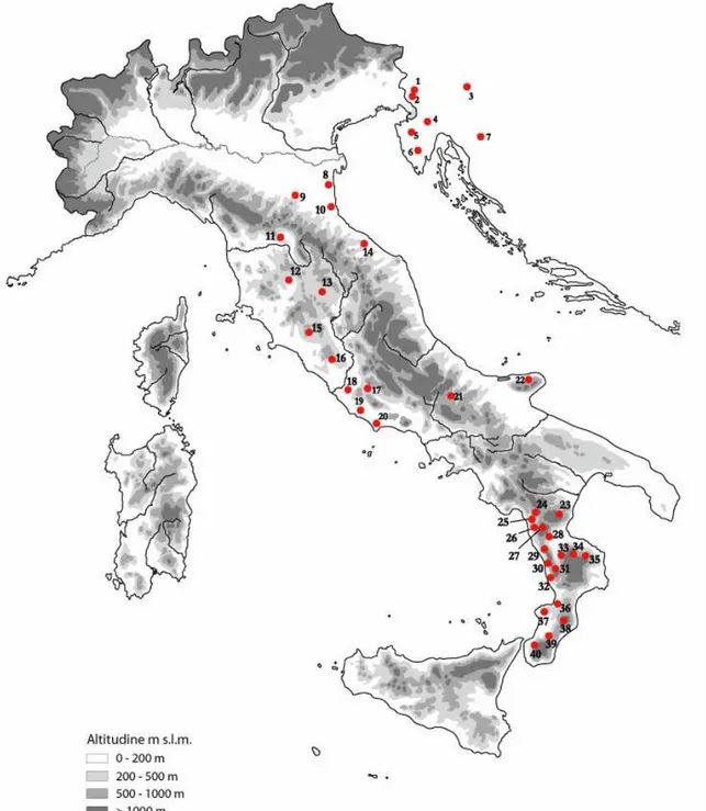 Figura 12. Localizzazione geografica dei siti di campionamento di R. dalmatina  (le località sono  numerate come in Tabella 3)