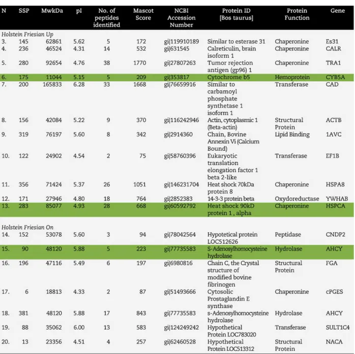 Table 1. Proteins were identified on the basis of Figure 1. Proteins highlighted in green have been confirmed to be up-