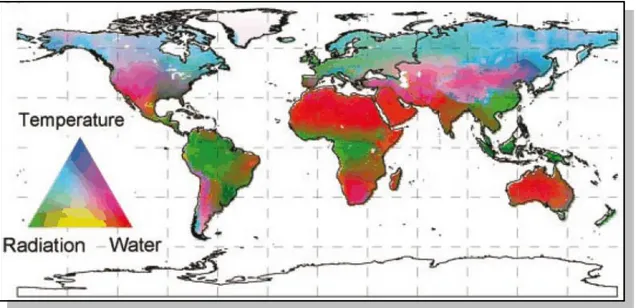 Figura 1: Distribuzione geografica dei potenziali limiti climatici per la crescita della vegetazione, derivati  da statistiche climatiche a lungo periodo (Nemani, 2003)