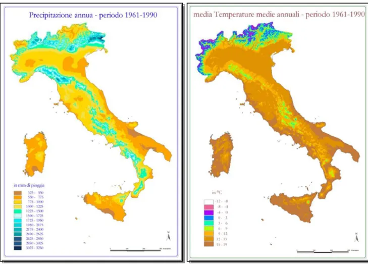 Figure 5: Carte delle precipitazioni medie annuali e delle temperature medie annuali per il trentennio di  riferimento del WMO 1961- 199, a 1km di risoluzione