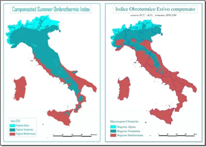 Figura 6: Macroregioni climatiche italiane: clima attuale a sx, e lo scenario A1Fi a dx, relativo agli anni  2071-2100