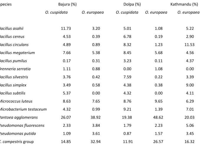 Table 5. Isolated bacterial species and their percentage on two different species of olive leaves 