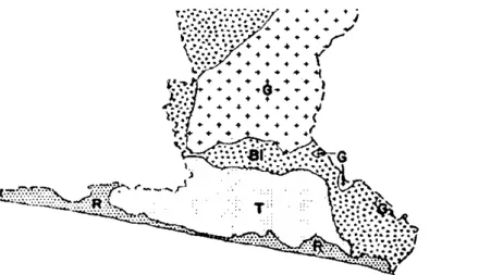 Figure 8: Main geological formations of the Lower Tano Basin according to Ahn (1961): B1- Lower  Birrimian, G – Granite, T – Tertiary sands, R – Recent (coastal) sands