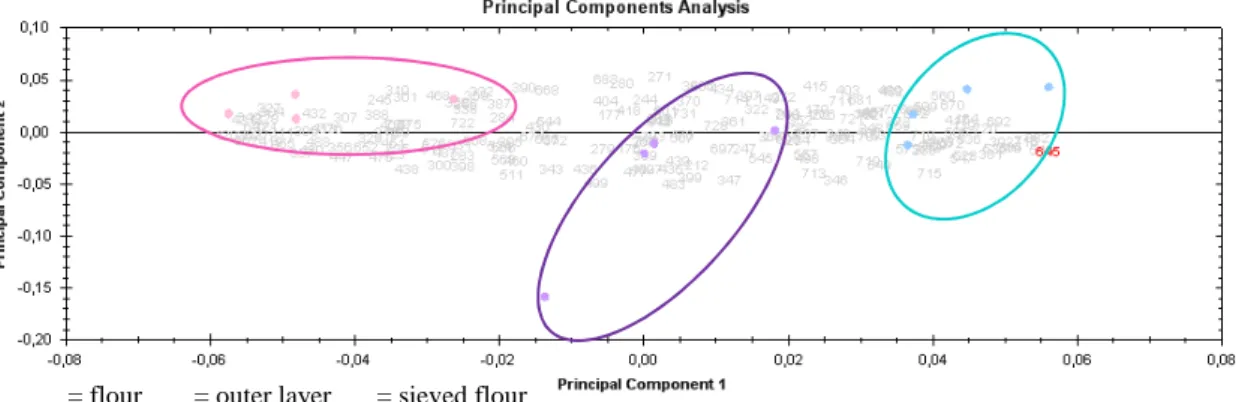 Figure 14: Principal Components Analysis of the metabolic fraction of wheat flour, the sieved flour  and kernel outer layers of T.dicoccoides