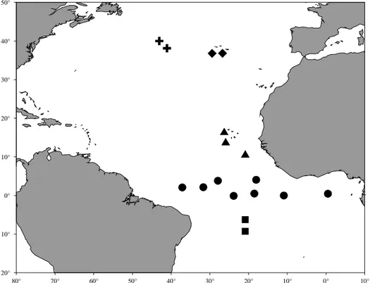 Figure  1.  Swordfish  sampling  areas  in  the  Atlantic  Ocean,  showing  the  locations  of  collection  of  NW  (stars),  CN  (diamonds),  ET  (triangles),  TEQ  (ovals)  reported  in  Garcia et al