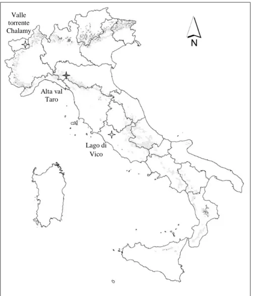 Fig. 1 – Aree di studio evidenziate sulla cartina dell‟areale di distribuzione del faggio in Italia Valle torrente Chalamy Alta val Taro Lago di Vico 