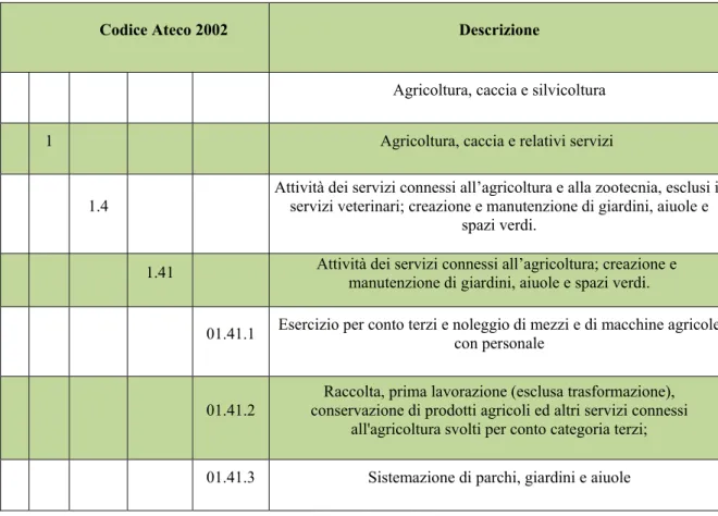 Tabella 5 Posizione della Manutenzione del verde all’interno della Classificazione ATECO 2002 