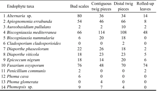 Tab. 5. Number of endophyte taxa isolated from different component tissues of  beech buds