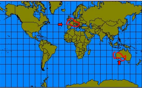 Figura 1.2.1.1.: distribuzione spaziale del genere Posidonia (da Van der Ben, 1971) 