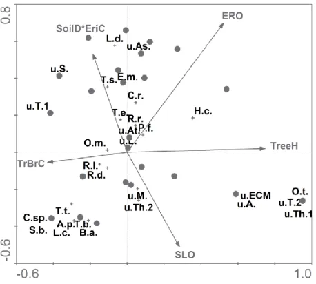 Figure 2 Results of CCA performed on frequency data of ECM fungal species colonizing maritime pine saplings 