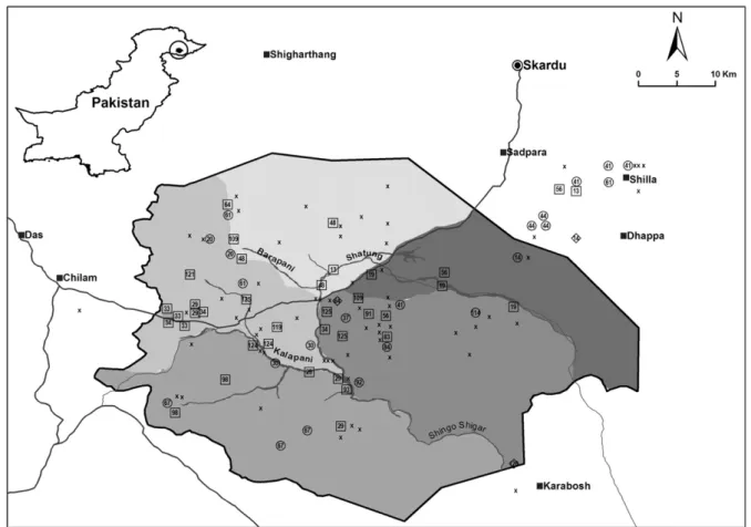 Fig. 1 – Map of the study area in the Deosai National Park, Northern Areas, Pakistan. Spatial distribution of brown bear genotypes is represented with squares for males, circles for females, and diamonds for unknown sex