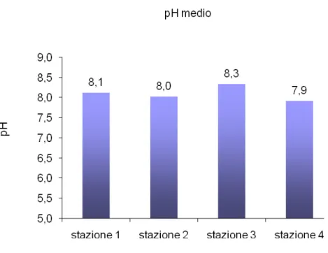 Figura 22. Valori di pH medio misurati nelle stazioni di campionamento. 