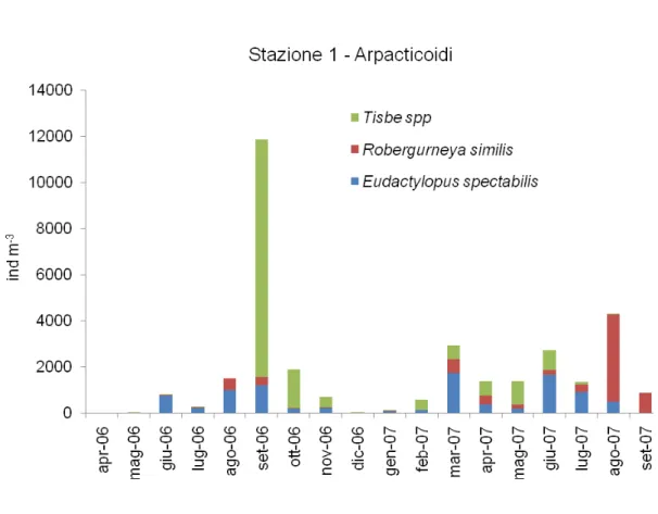 Figura 38. Variazioni nel tempo delle densità di Robertgurneya similis,  Eudactylopus  spectabilis e Tisbe  (I valori di densità degli altri Arpacticoidi sono riportati in  tabella 11a pag