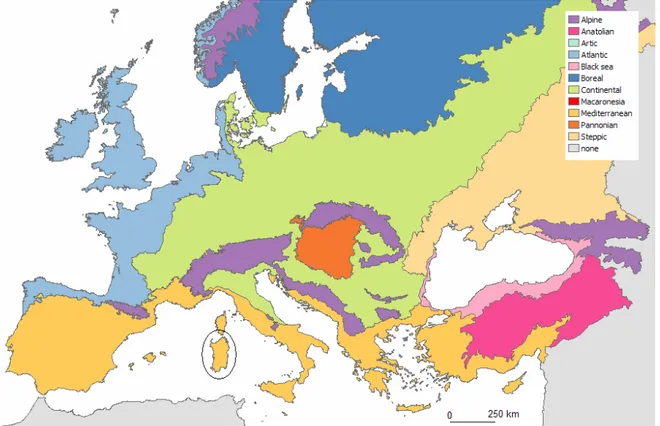 Figure 2.1 – Biogeographic regions of Europe, with localization of the region of Sardinia  2.2.2