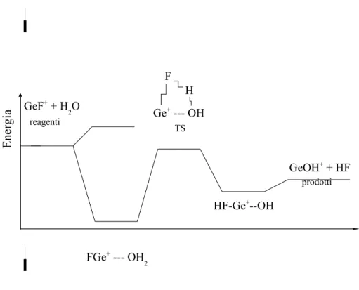 Figura 1.4 Possibile cammino della reazione tra lo ione GeF +  e l’acqua.GeF+ + H2OFGe+ --- OH2HF-Ge+--OHGeOH+ + HFreagentiprodottiTSGe+ --- OHFH