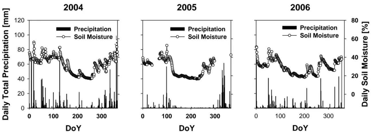 Figure 11 - Daily total precipitation and the daily percentage of soil water moisture