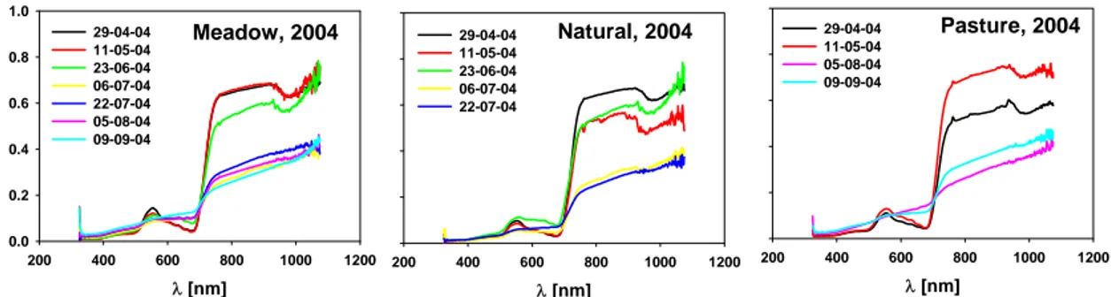 Figure 20 - Spectral signatures of the three different grassland typologies measured in  2004