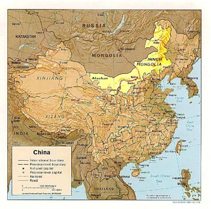 Figura 1 Mappa della Cina: con evidenziata la Provincia Autonoma dell’Inner Mongolia e la Lega  dell’Alashan