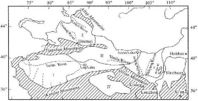 Figura 14 Mappa schematica dei deserti del nord-ovest della Cina: (I) deserto di Terim e Gobi, (II)  bacino di Junggar e Gobi, (III) vicino Xinjiang e Gobi del Gasu, (IV) bacino del Qaidam e Gobi, (V) deserto 