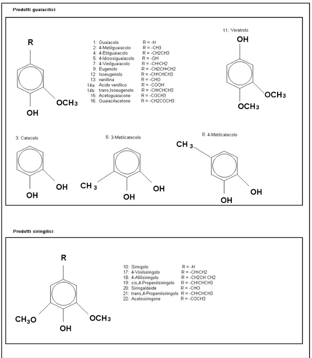 Figura 6.2:  formule strutturali identificate per i differenti composti aromatici formati per Py-GC/MS e raggruppati in  prodotti G e S.