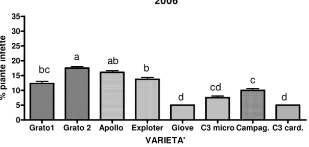 Fig. 10: Percentuale di infezione virale sulle 8 varietà di carciofo confrontate in campo nella primavera 2006